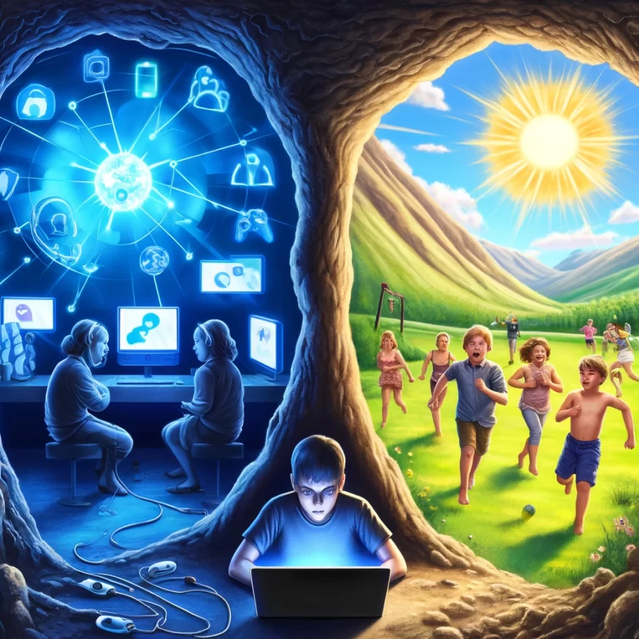 DALL·E 2024-04-02 10.33.09 - Modify the image to depict a clearer distinction between the children and adolescents inside the digital cave and those outside. Inside the cave, the